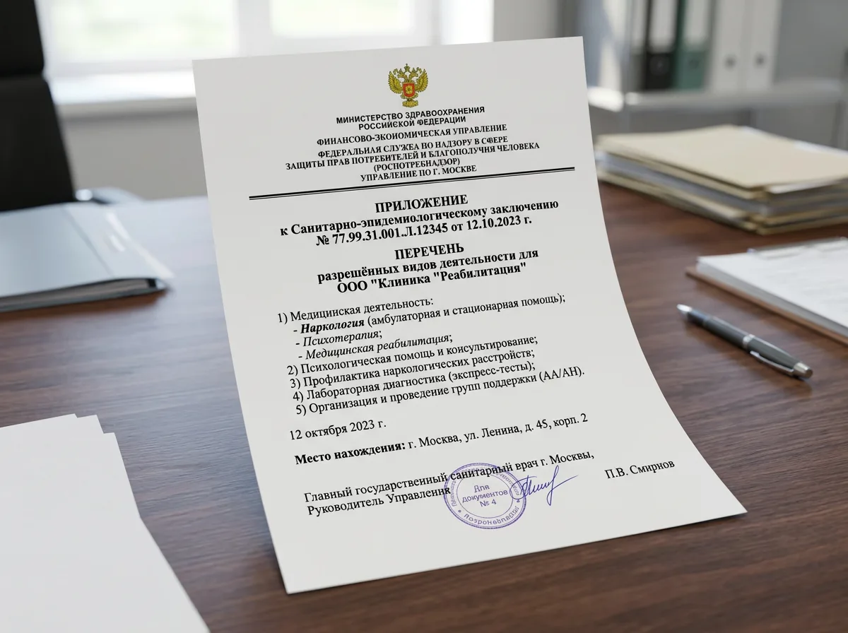 Приложение к санитарно-эпидемиологическому заключению наркологической клиники, перечень разрешённых видов деятельности, официальный бланк