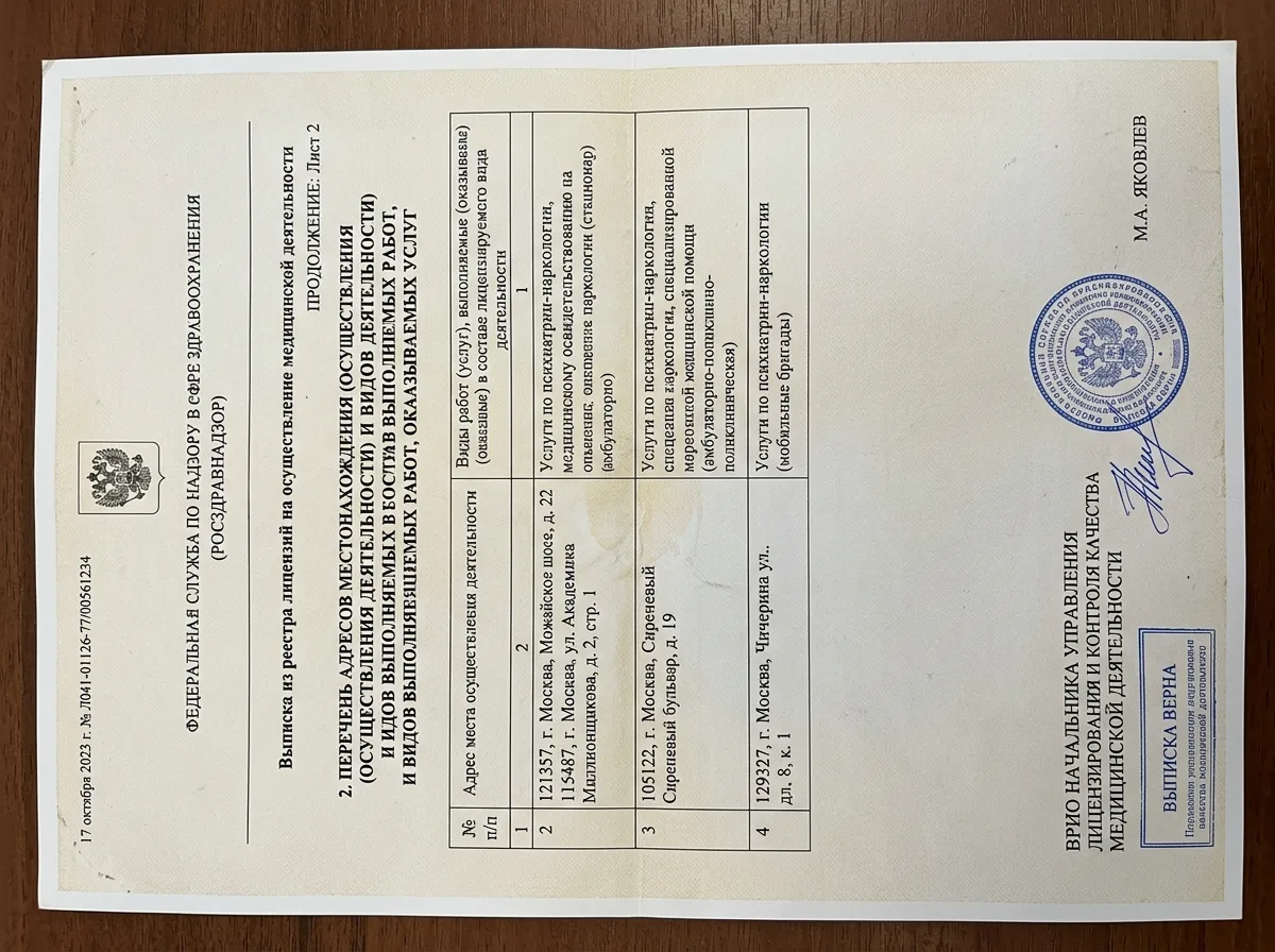 Выписка из реестра лицензий Росздравнадзора продолжение лист 2, перечень адресов и видов наркологических услуг, официальный документ